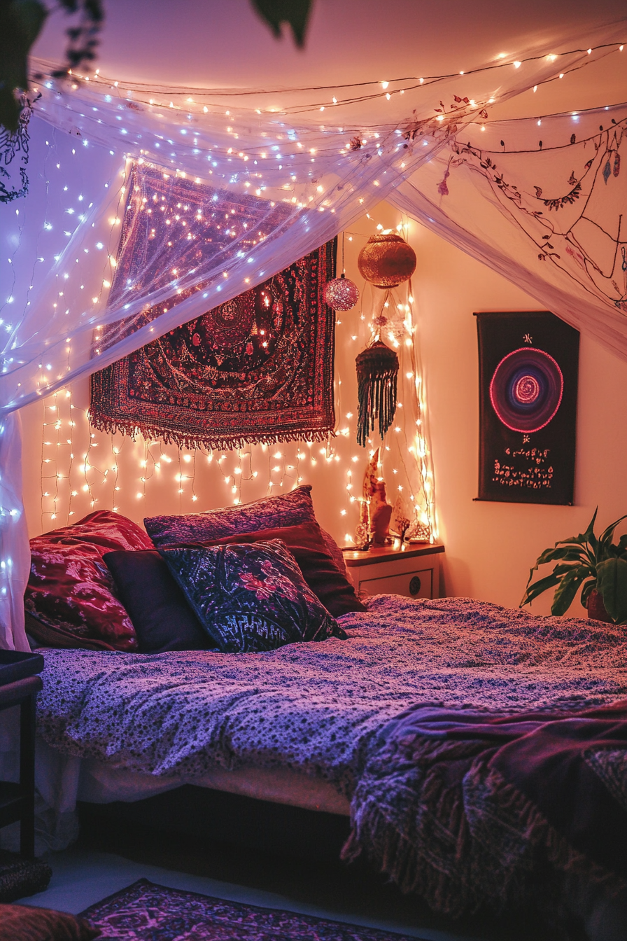 Boho whimsical bedroom. Canopy bed draped with twinkling fairy lights.