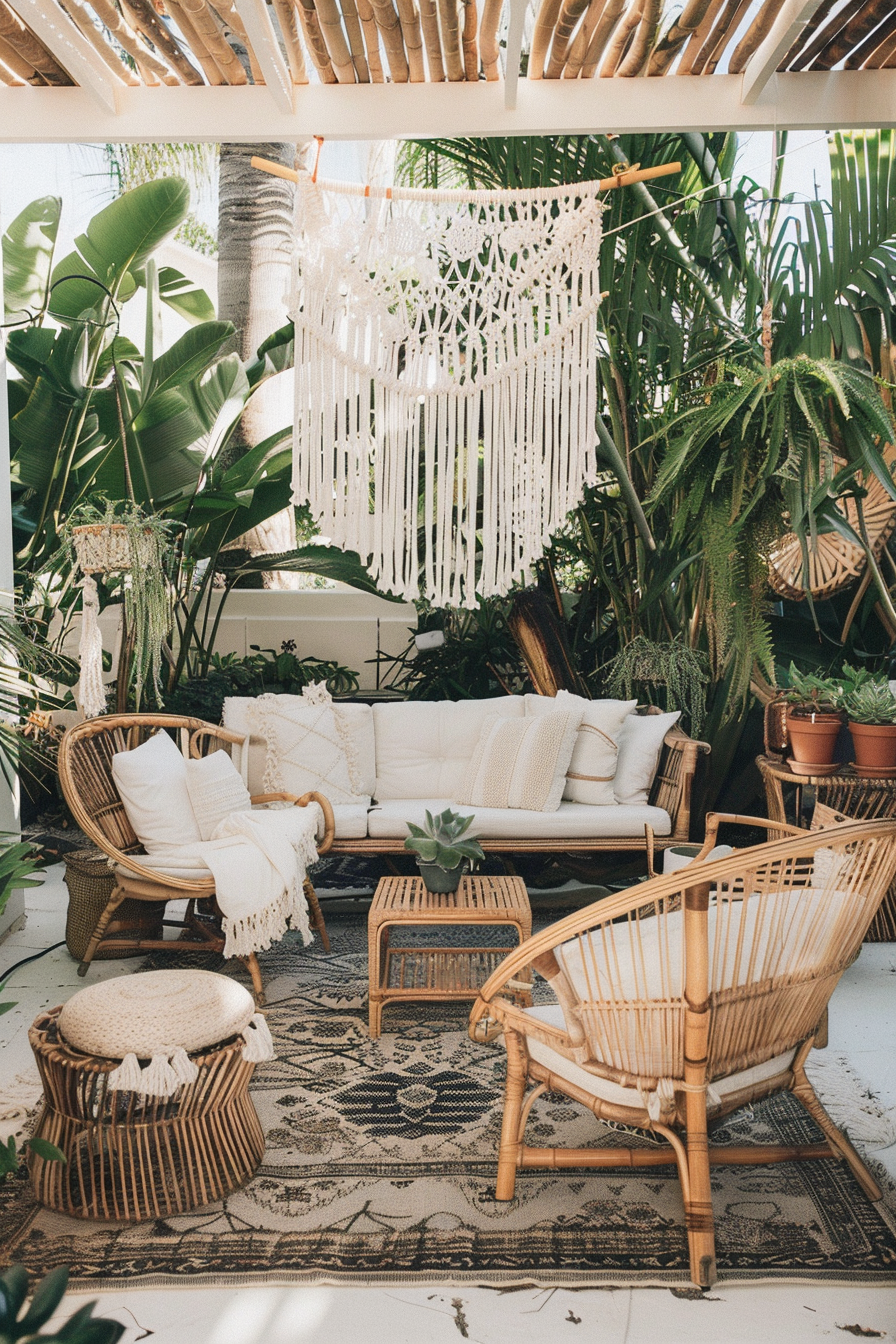 Chic boho patio view. White macrame hangings, bamboo furniture, and scattered succulents.