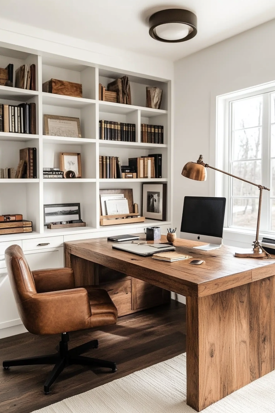 Home office inspiration. Wooden desk, ergonomic chair, bronze desk lamp, vertical white bookshelf.