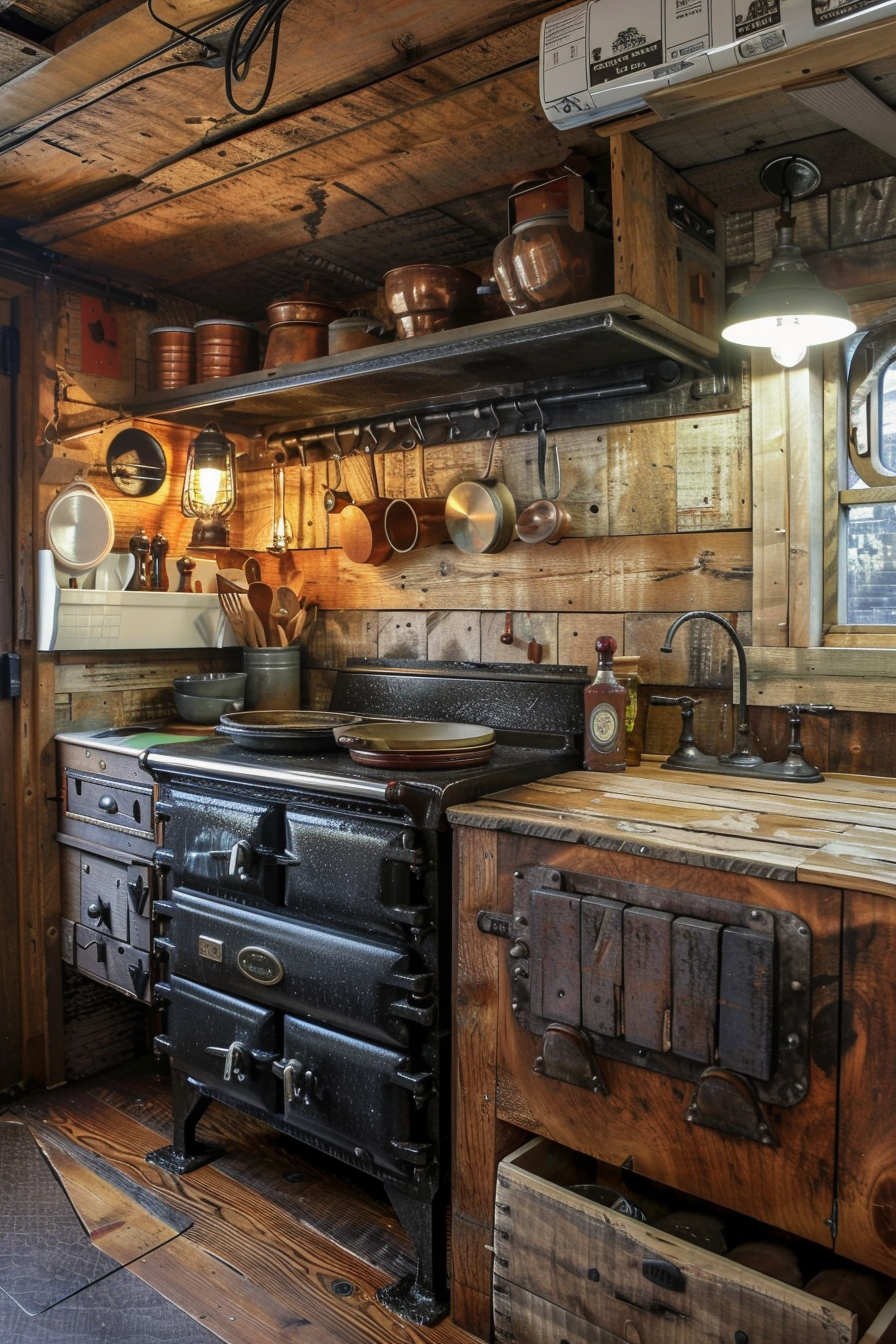 Rustic camper van kitchen. Rough-hewn wood paneling with cast iron stove.