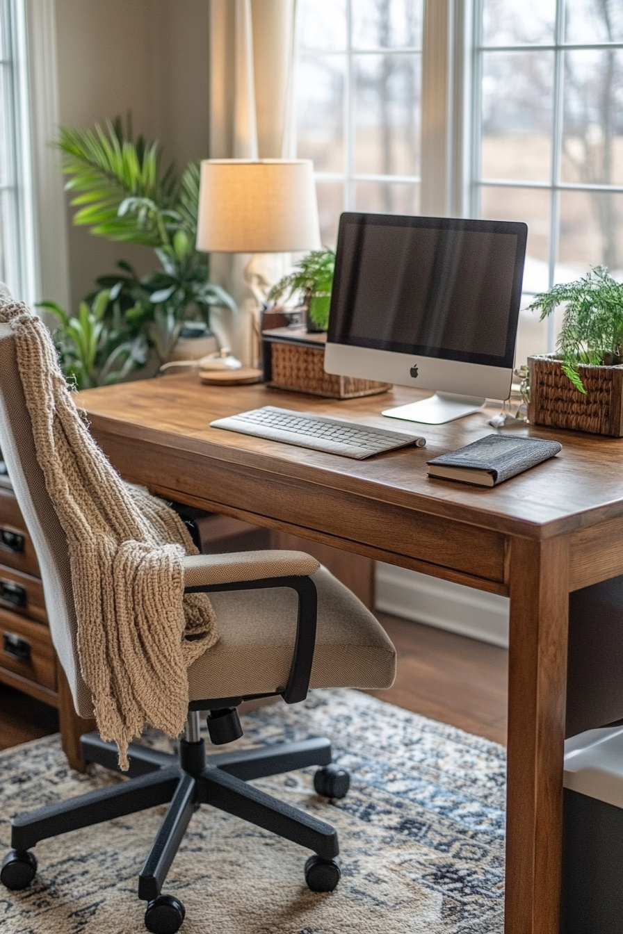 Remote work setup. Farmhouse style oak desk with ergonomic swivel chair.