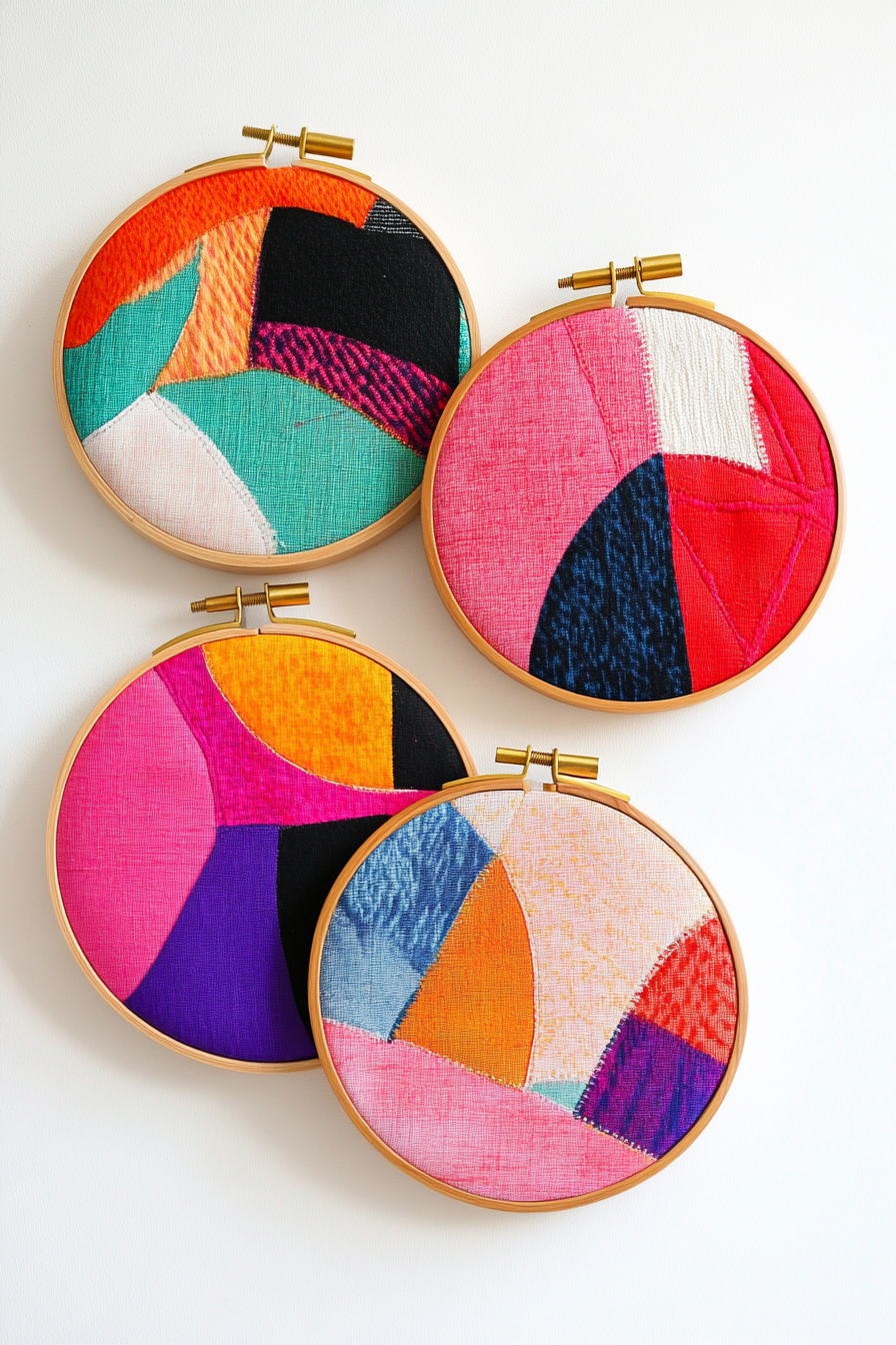 DIY Wall Decor. Colorful abstract fabric art on hoop frames.