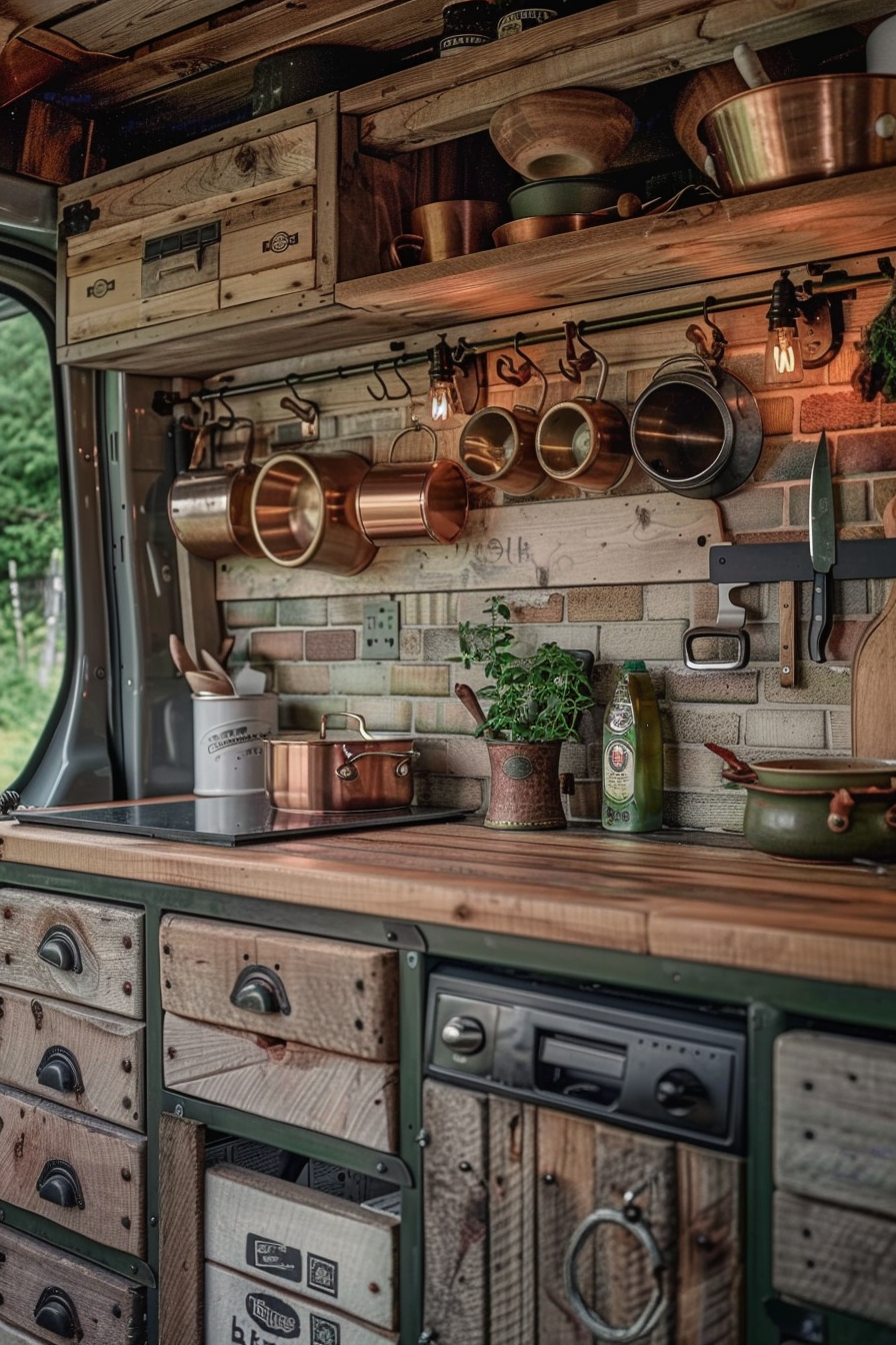 Camper van kitchen. Reclaimed wood and copper cookware.