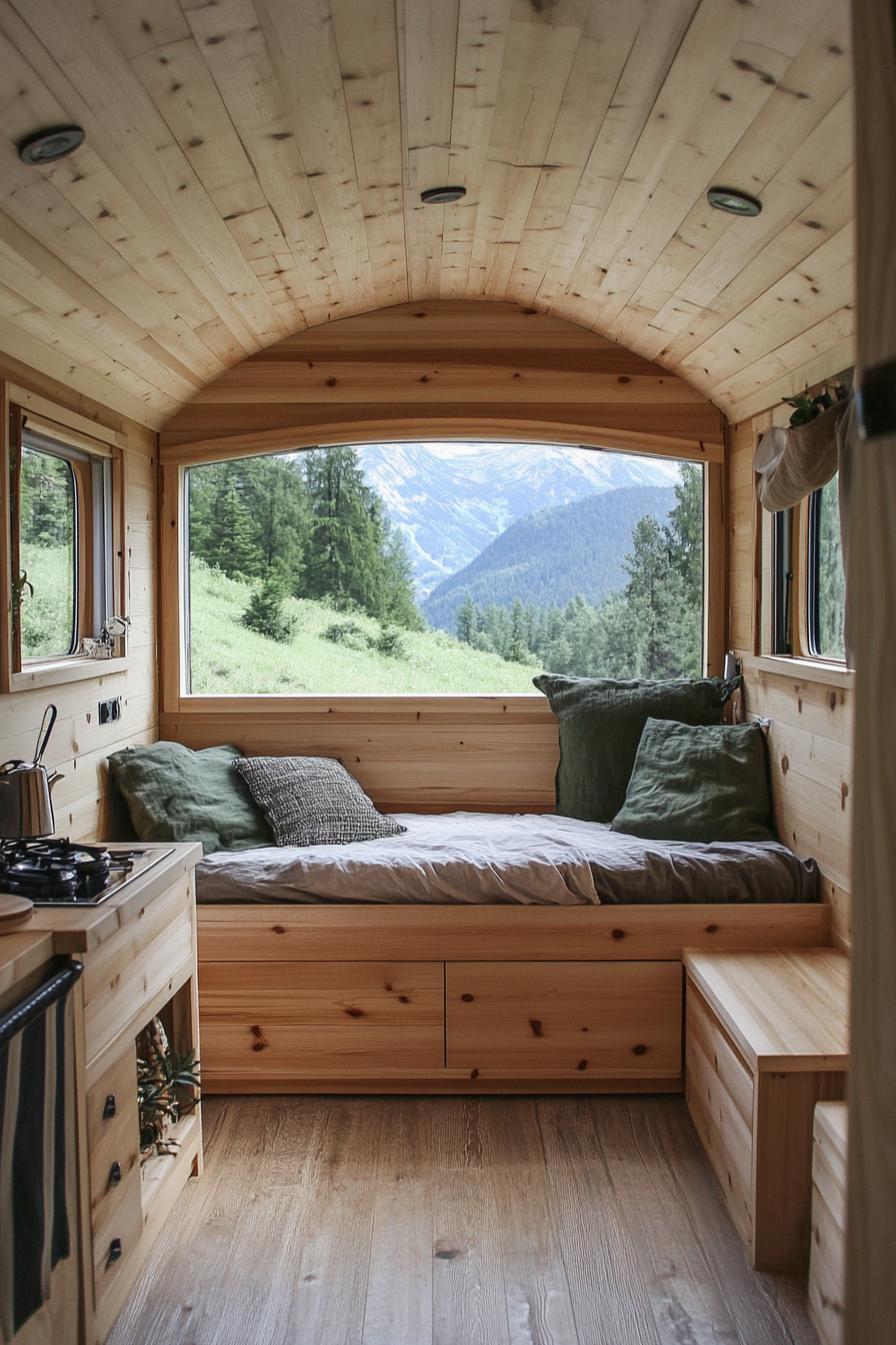 Tiny House Camper image. Wood interiors merged with mountainous exterior.