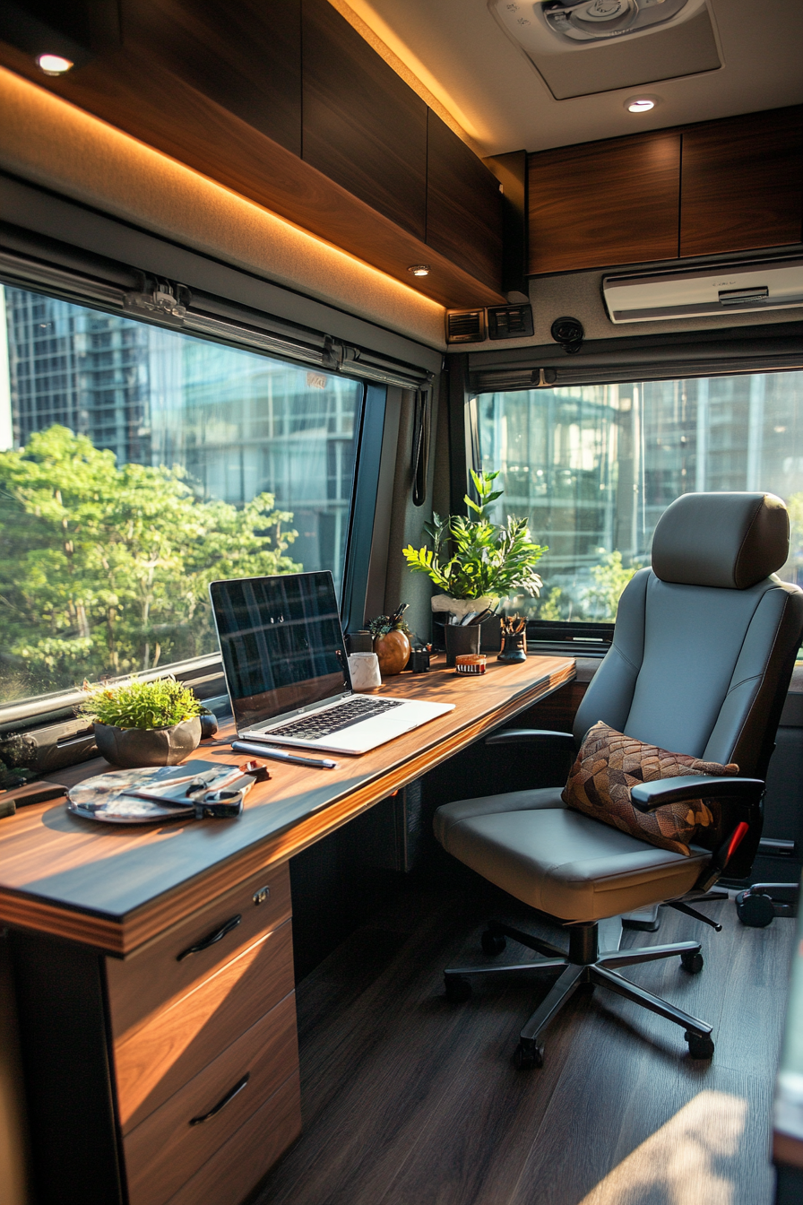 Mobile office space in RV. Walnut desk within tinted window metropolis view.