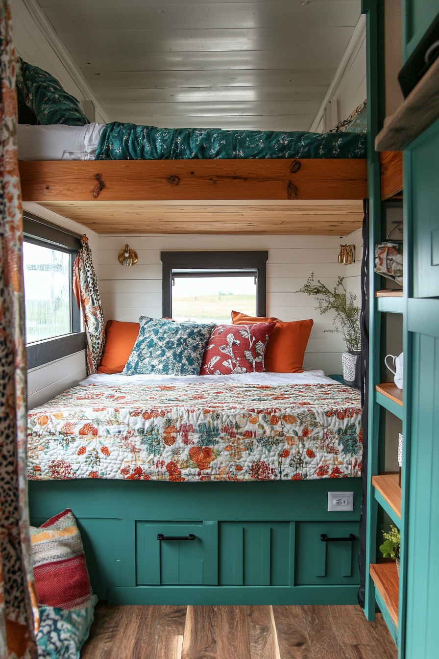 Tiny House Camper Interior. Loft-style bed with mixed-pattern quilt. Tiny House Camper Exterior. Rust and teal color scheme.