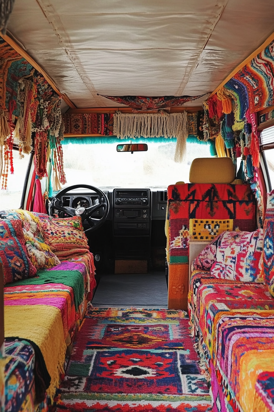 Camper interior. Multicolored patchwork upholstery with bright kilim rugs and macramé decorations.