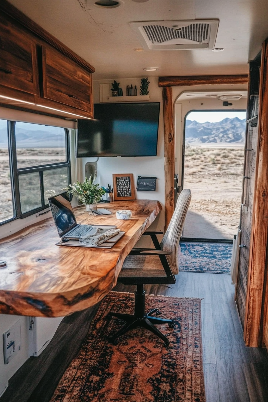 Mobile office within an RV. Wood desk by large window.