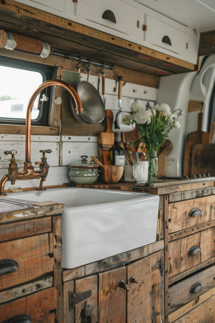 Camper Van Kitchen. Distressed wooden cabinets and antique bronze faucets.