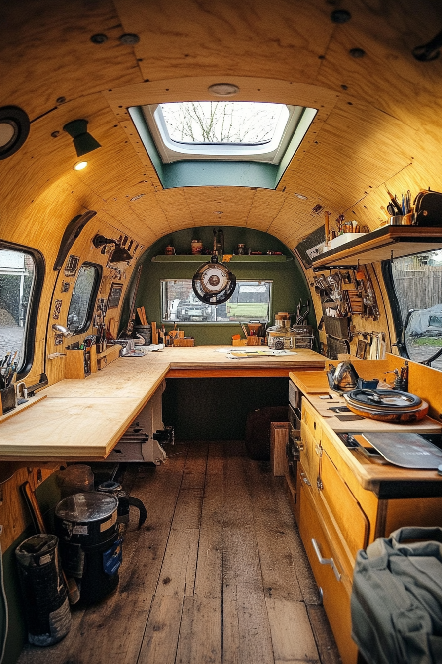 Converted van. Retro interior with a joinery workstation tucked beneath the skylight.