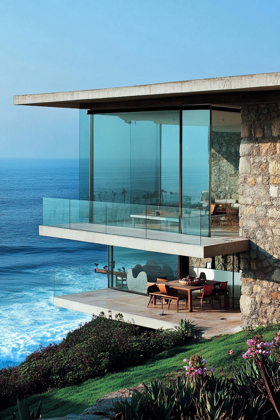 Compact beach house. Glass facade overlooking turquoise ocean waves.