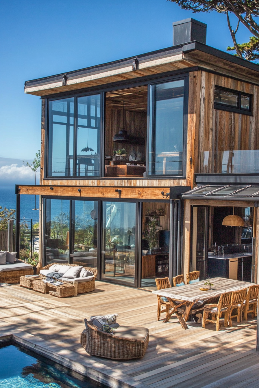 Compact beach house. Glass walls, rustic wood accents, cascading deck, overlooking blue ocean.