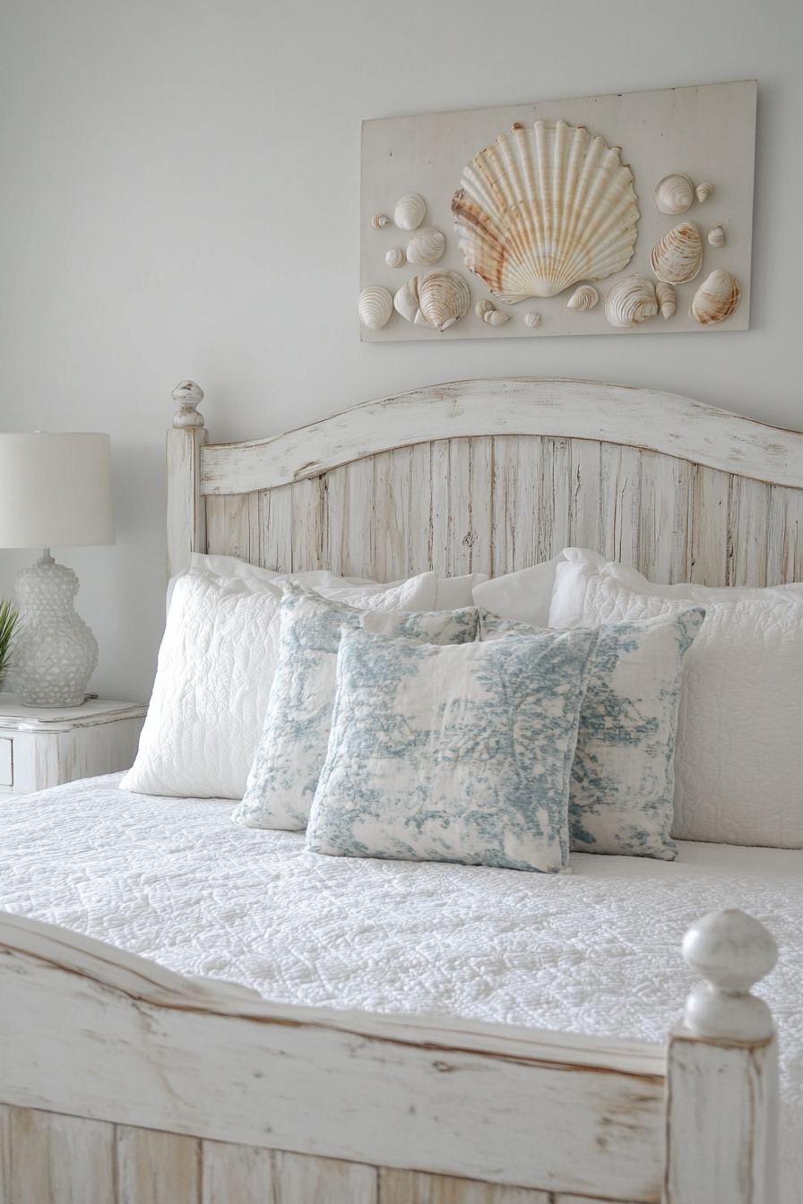 Coastal bedroom. White wooden bed frame with homemade shell-decorated wall art.