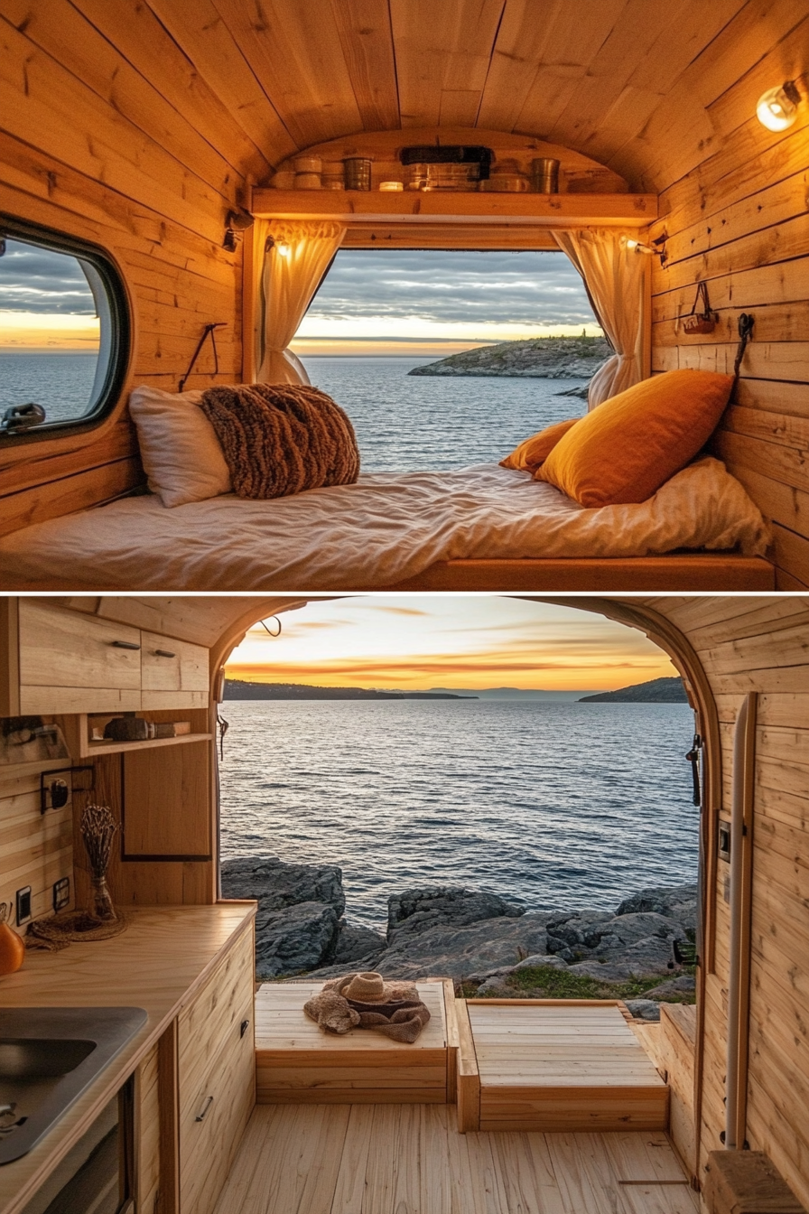 Tiny house camper. Split image of wooden-interior cabin and outdoor sea-view.