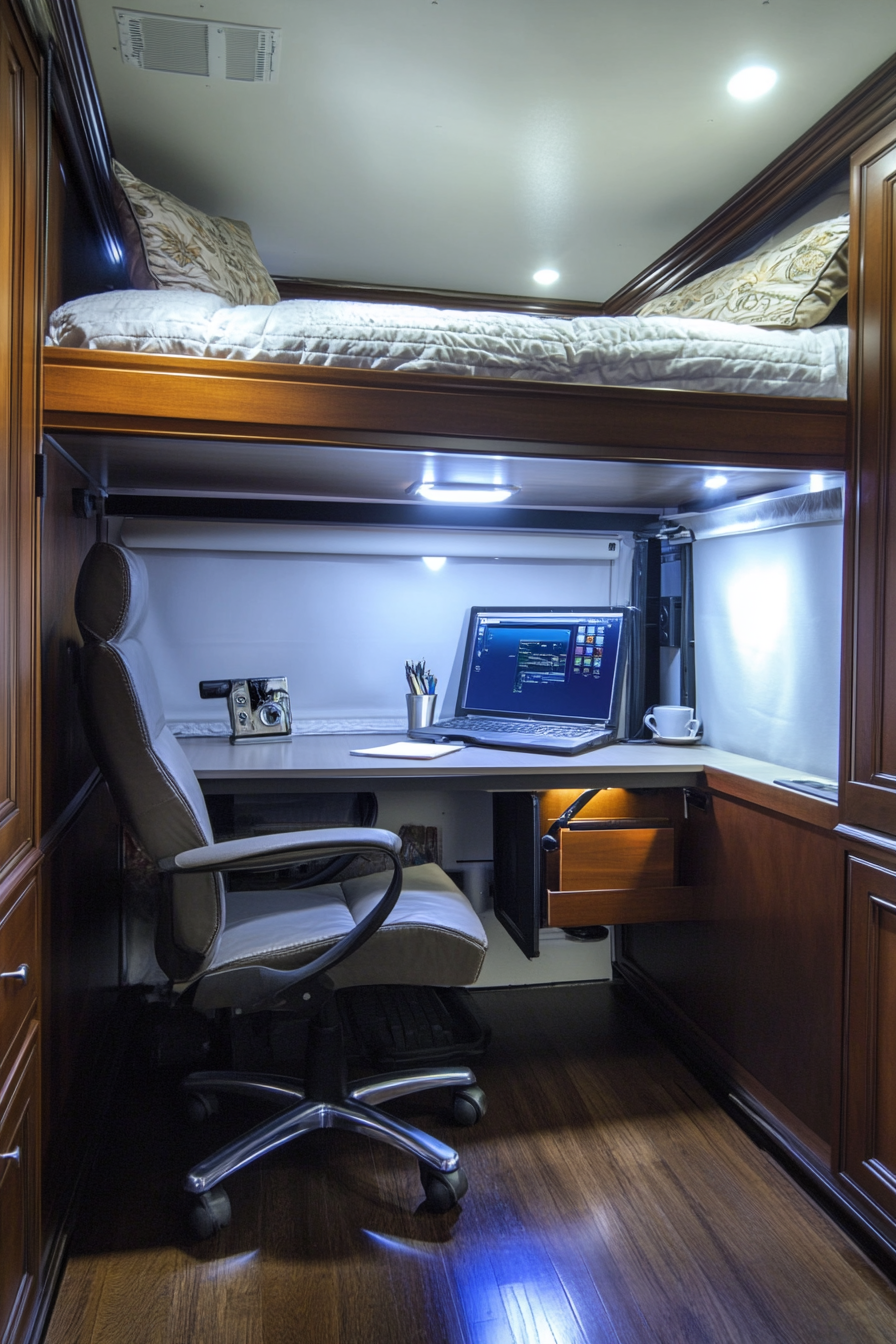 Mobile office space. Compact ergonomic workspace under RV bunk bed.