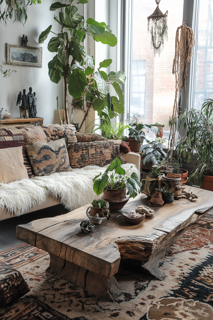 Boho living room. Rustic wood coffee table surrounded by plants and mismatched pillows.