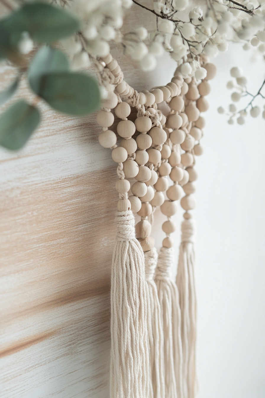 DIY wall decor. Hanging macrame with wooden beads.