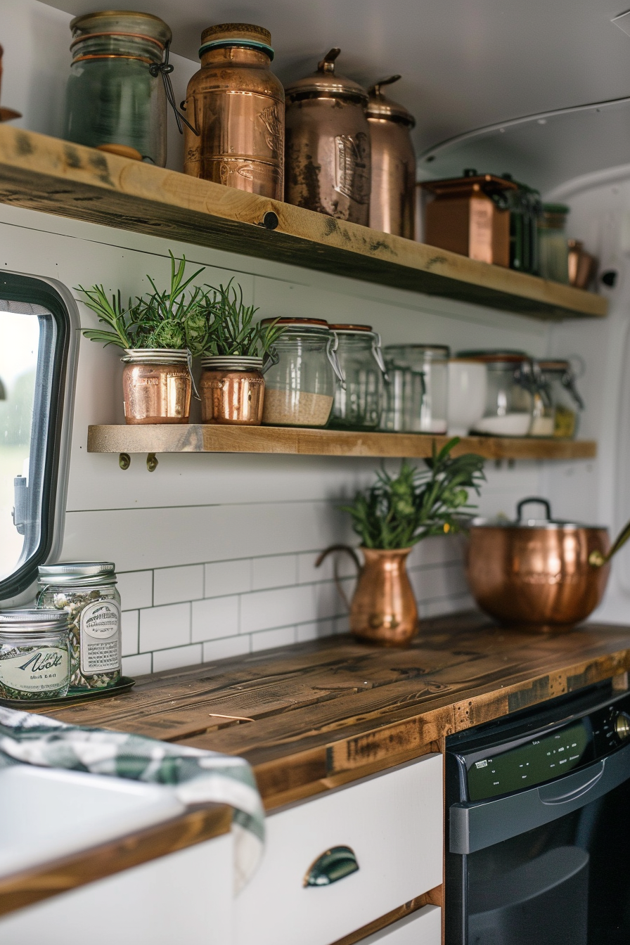 Camper van kitchen. Open shelving with Mason jars and vintage copper pots.