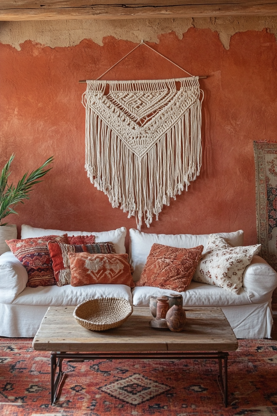 Boho living room. Macrame wall hanging on a burnt sienna wall.