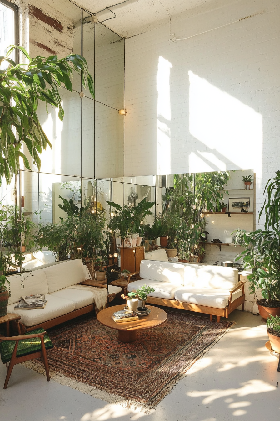 Living room inspiration. Tiny space. Corner plants and mirrored walls.