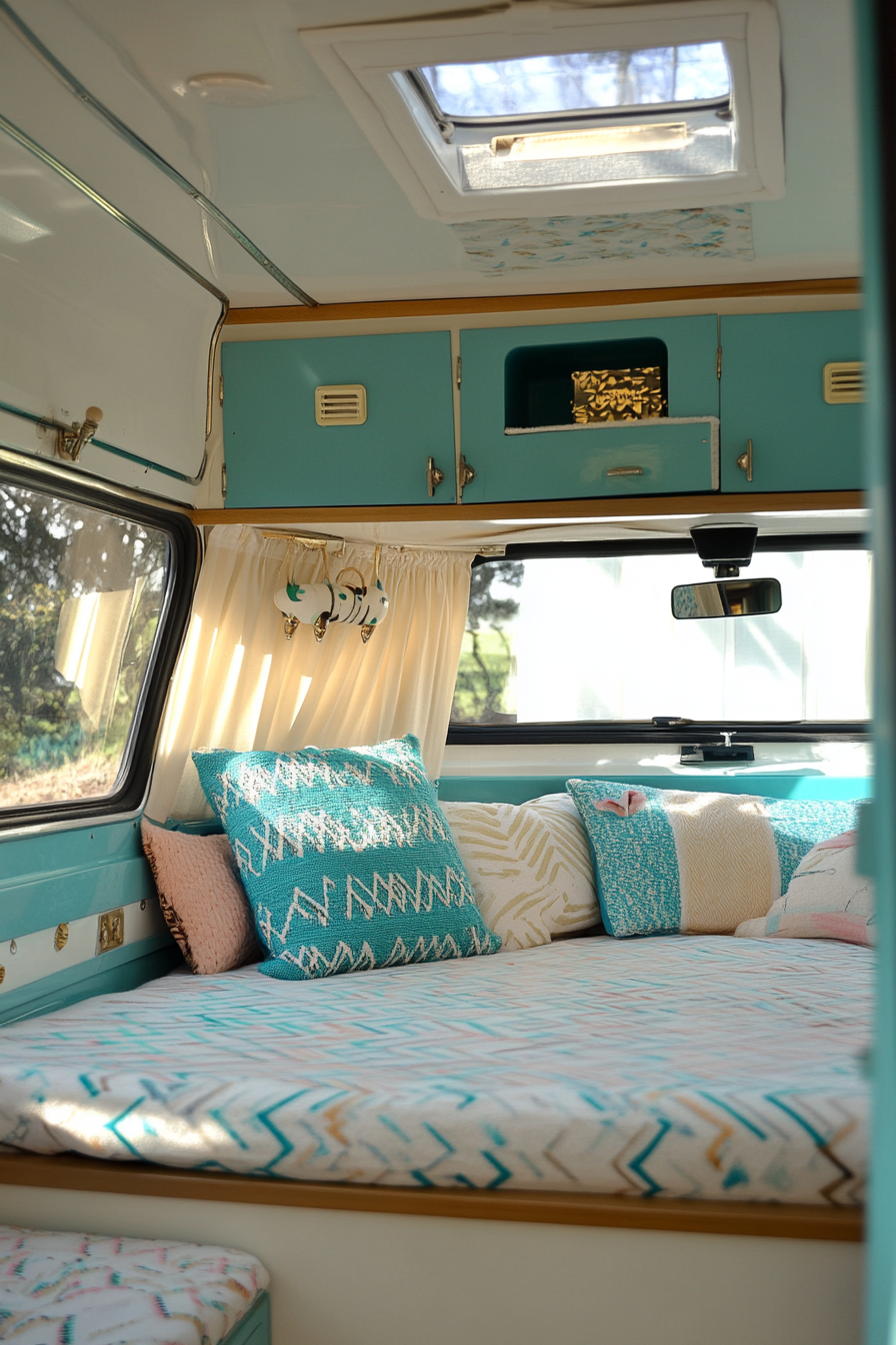 Camper makeover. Original 1970's camper exterior into vibrant cerulean and ivory retro design.