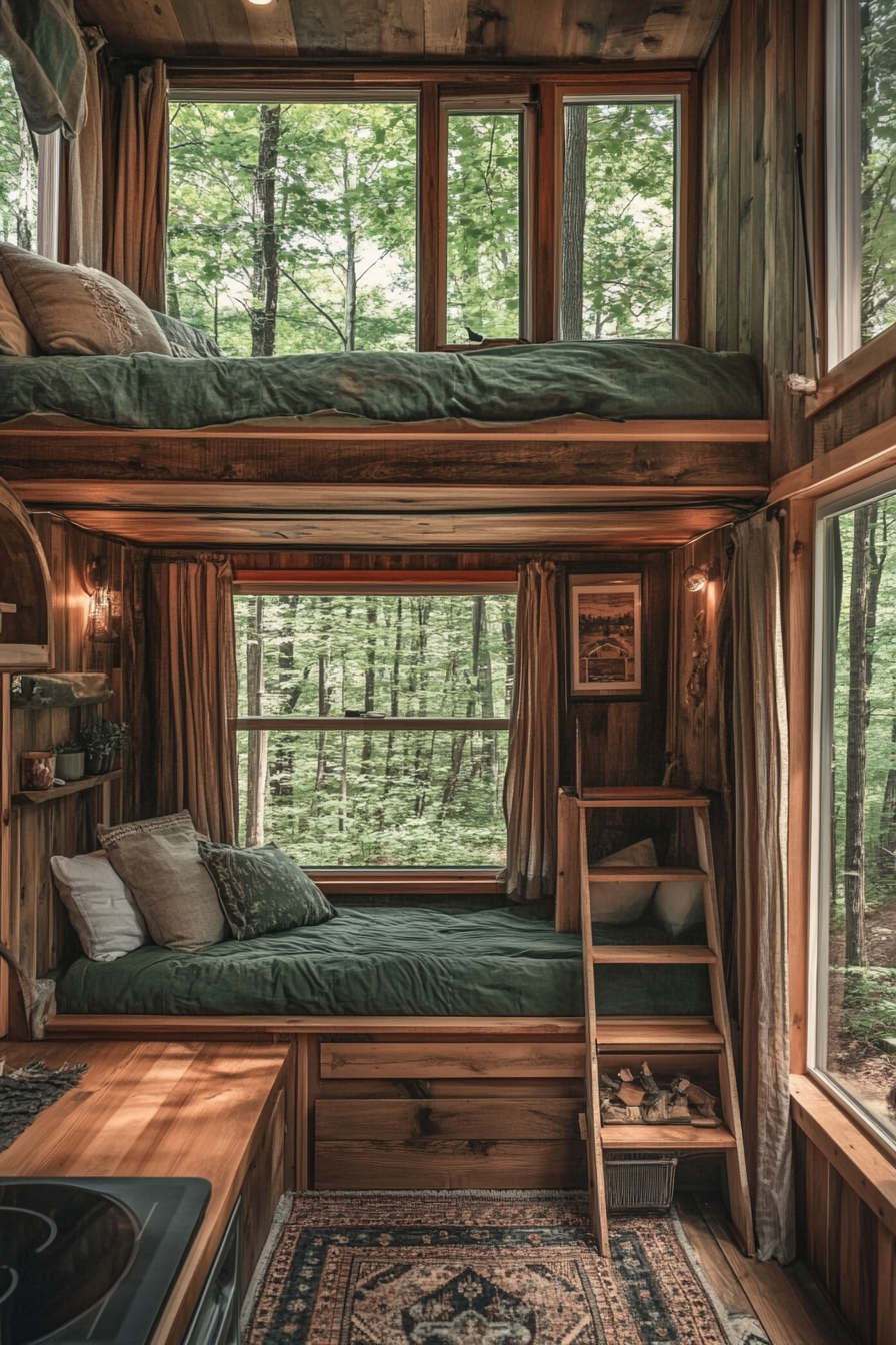 Splitted image. Rustic tiny house camper interior, green forest exterior.