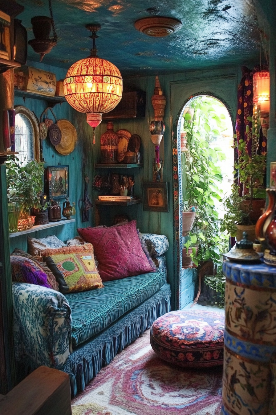 Living Room Inspiration. A tiny, eccentric Moroccan inspired space with sea green upholstery.