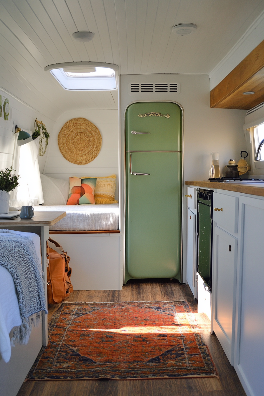 Before-and-after scene. 1960s green camper renovated into modern tiny house.