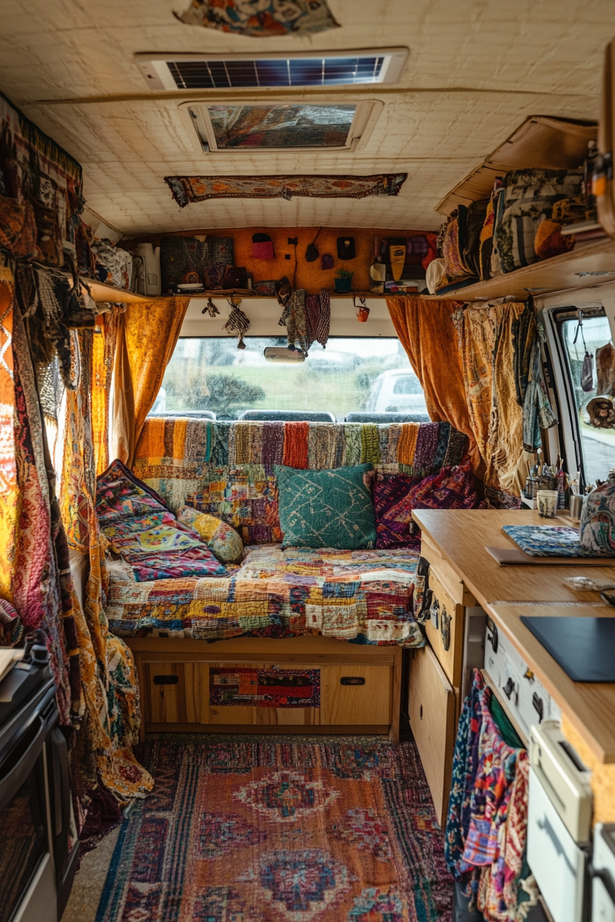 Hippie Camper Van. Patchwork curtains, roof-mounted solar panels, convertible desk-bed layout.