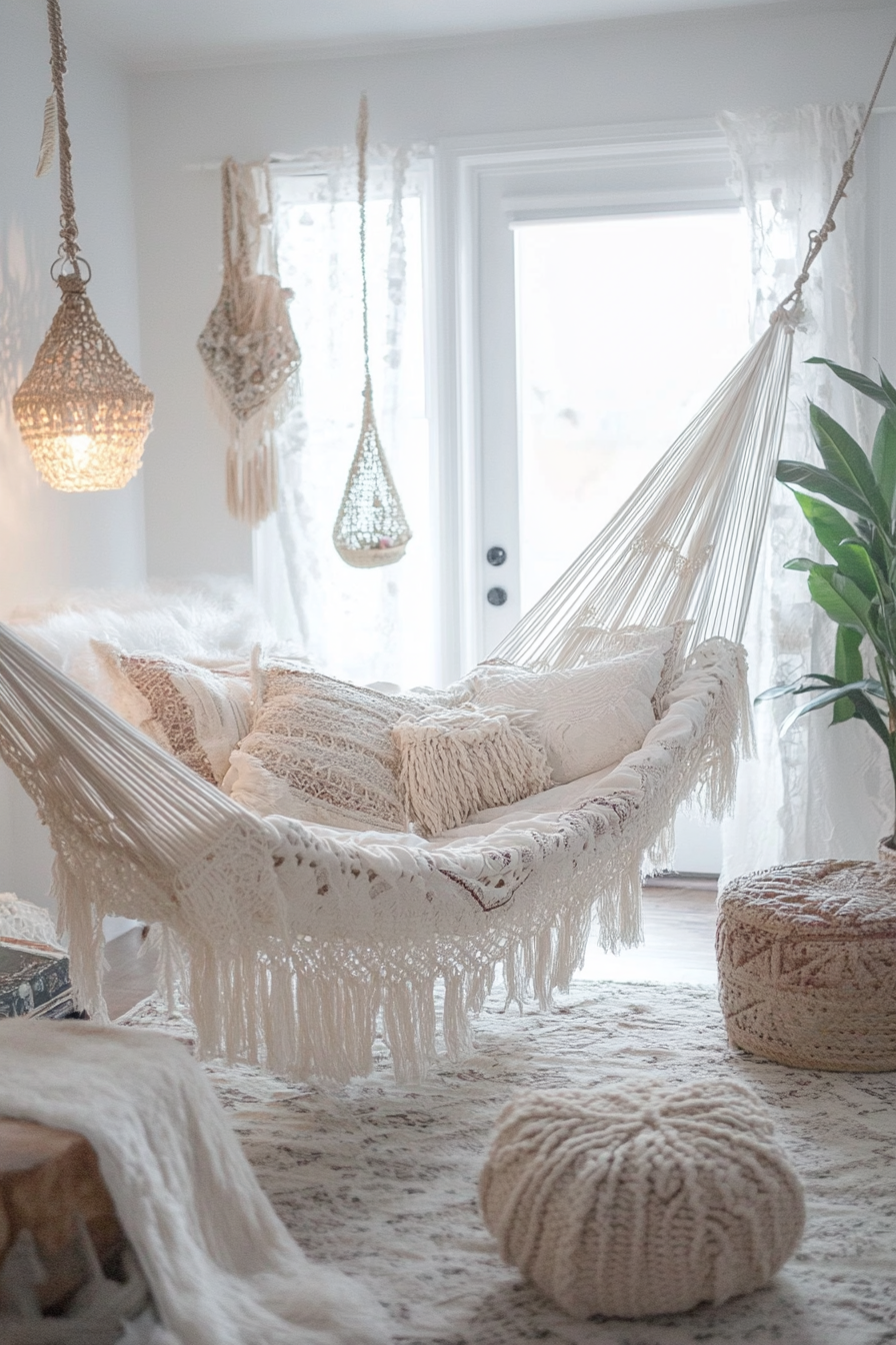 Boho living room. indoor white hammock embellished with handmade tassels.