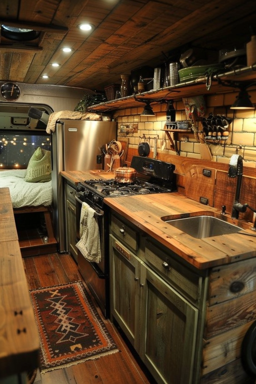 Camper van kitchen. Wooden countertops with vintage metal stove.