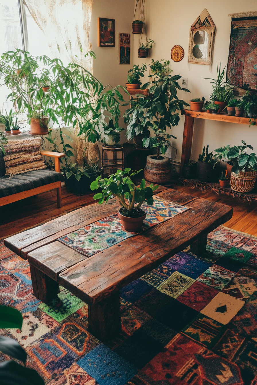 Living room aesthetic. Patchwork rug, reclaimed wood coffee table, houseplants.