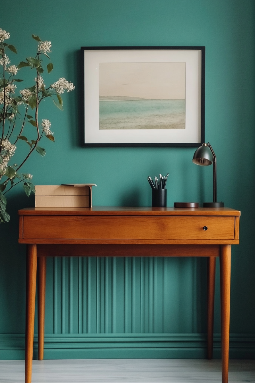 Home Office Inspiration. Compact cherry wood desk against seafoam green background.