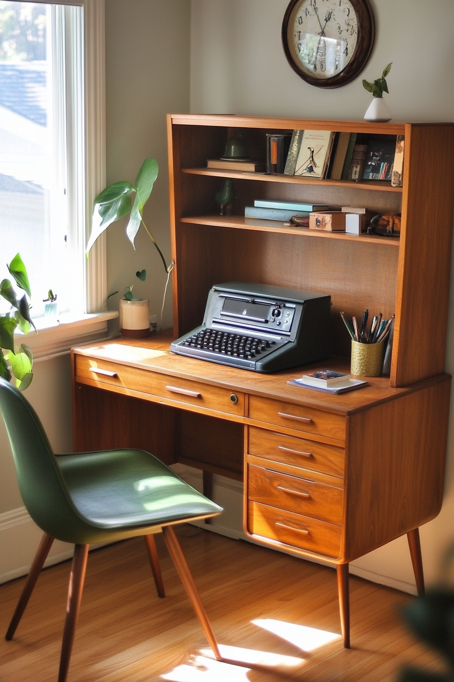 Mid-Century Modern Home Office. Teak desk with green Eames chair.