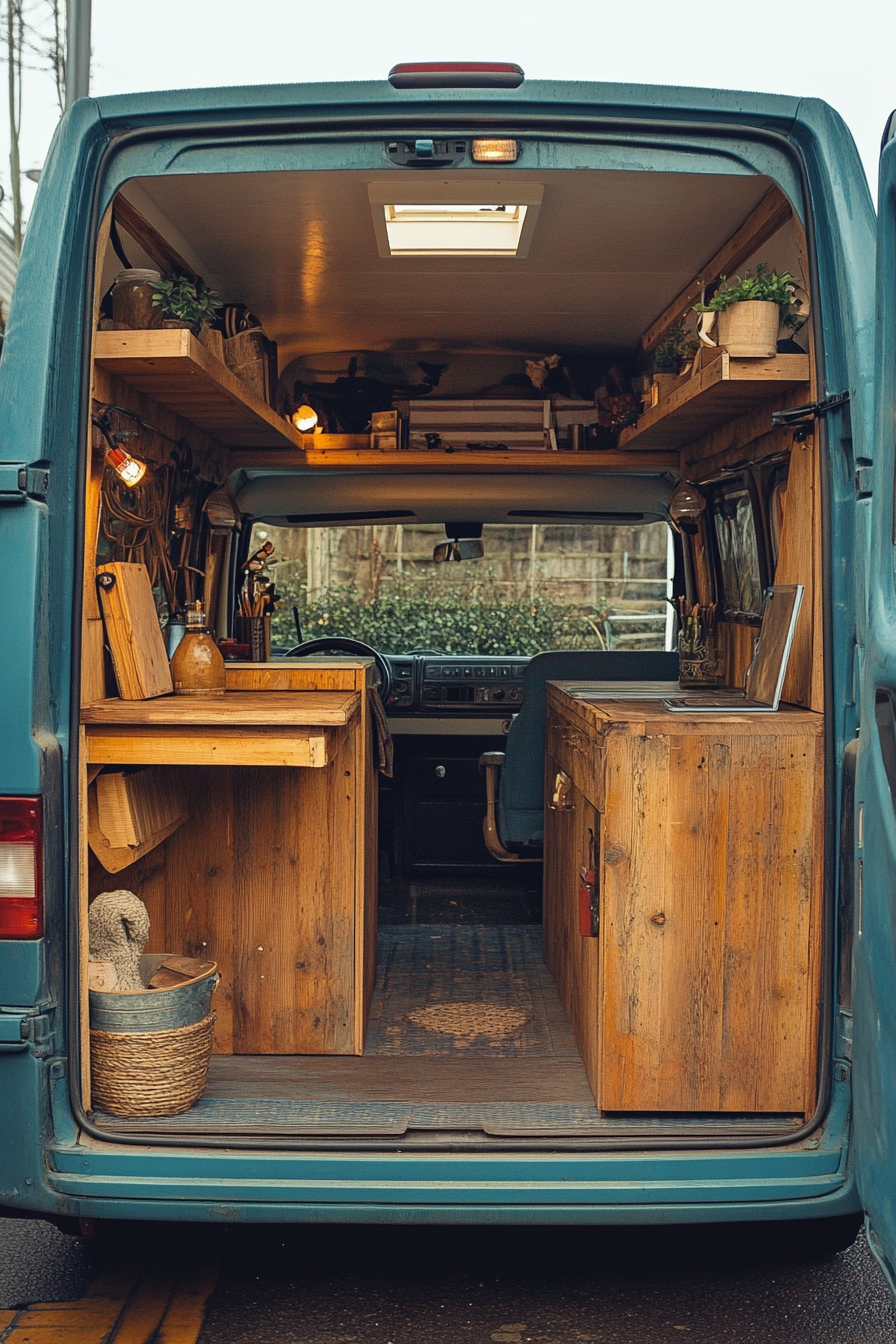 Converted van. Blue paint exterior with wooden interior partition workspace.