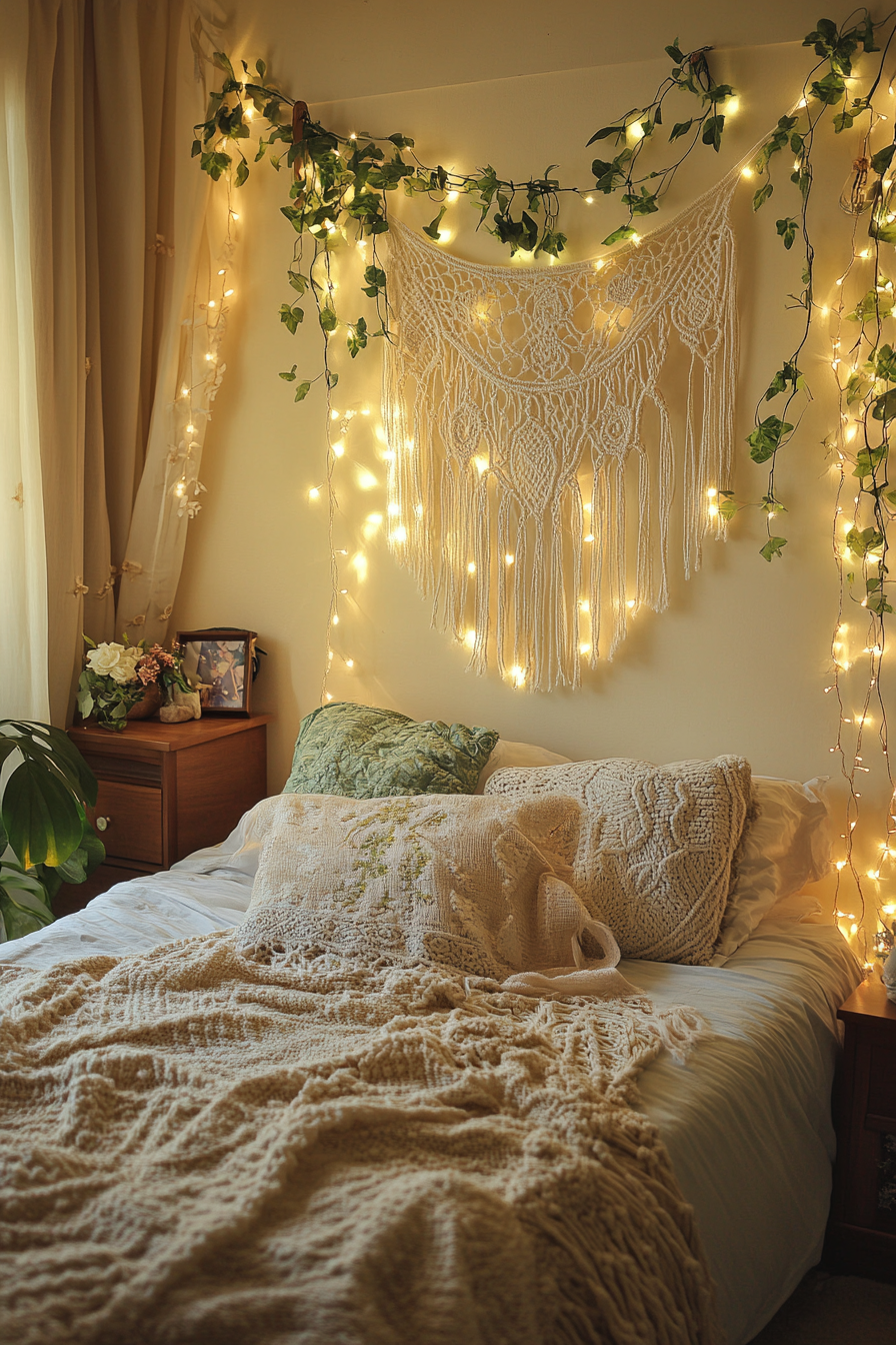 Boho Whimsical Bedroom. Macrame wall hanging and draped fairy lights.