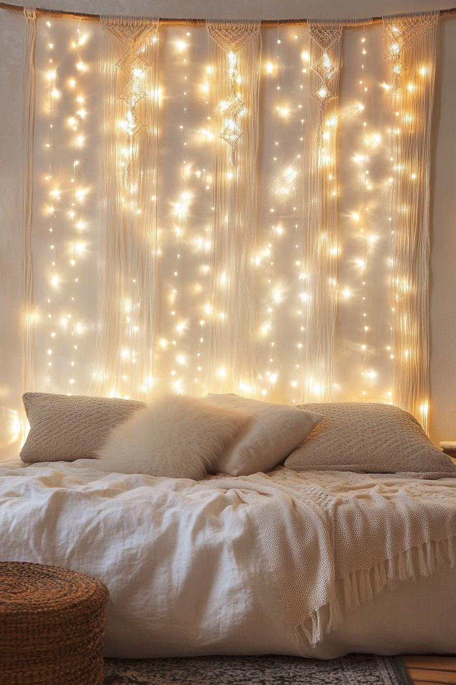 Bedroom. Fairy lights cascading down a macrame wall hanging.