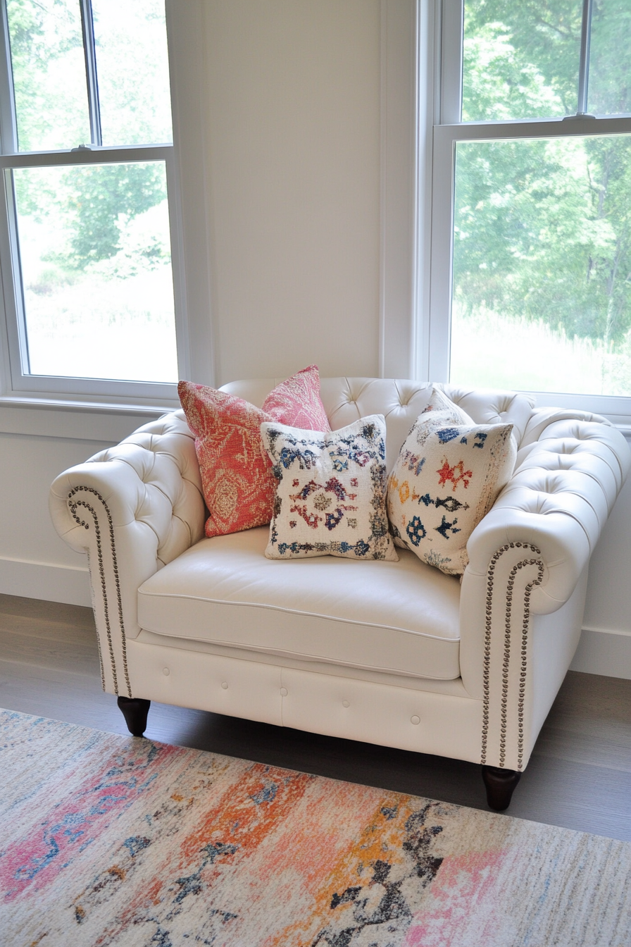 Living room inspiration. Small white leather love seat with throw pillows and colored rug.