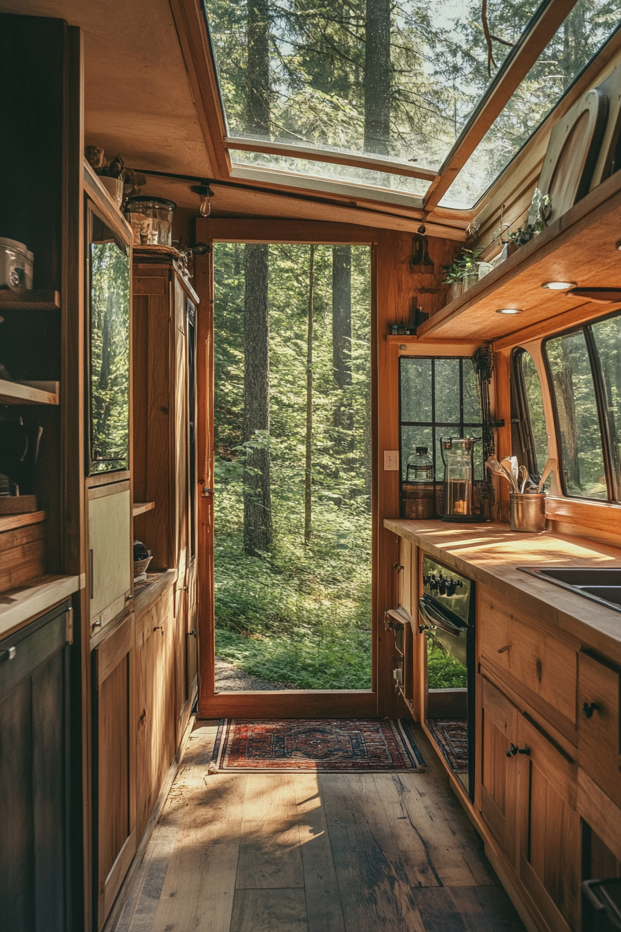 Tiny House Camper. Sunlit interior with wooden cabinetry, exterior in forest setting.