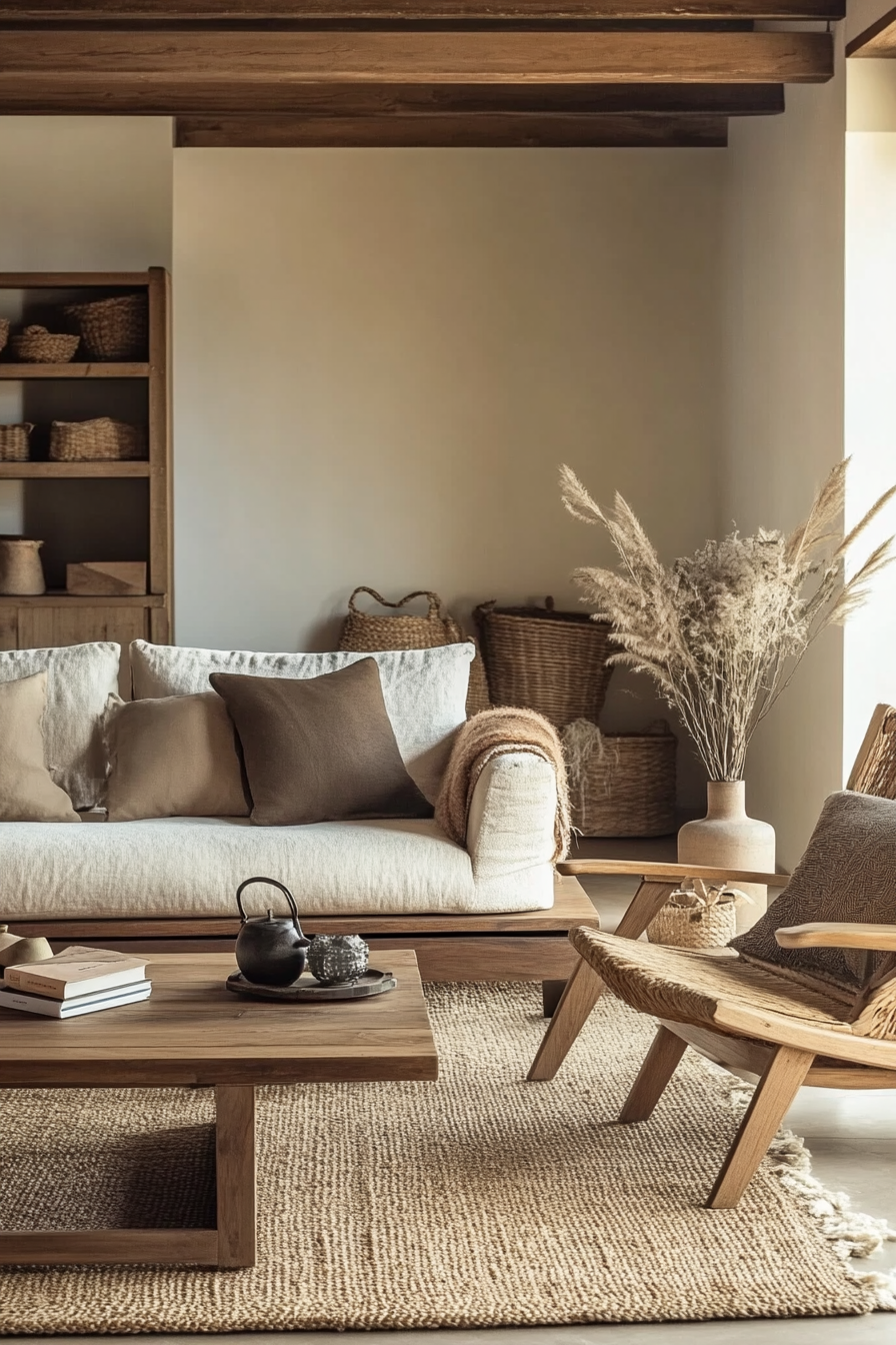 Living room inspiration. Wooden multifunctional furniture with earth-toned color palette.