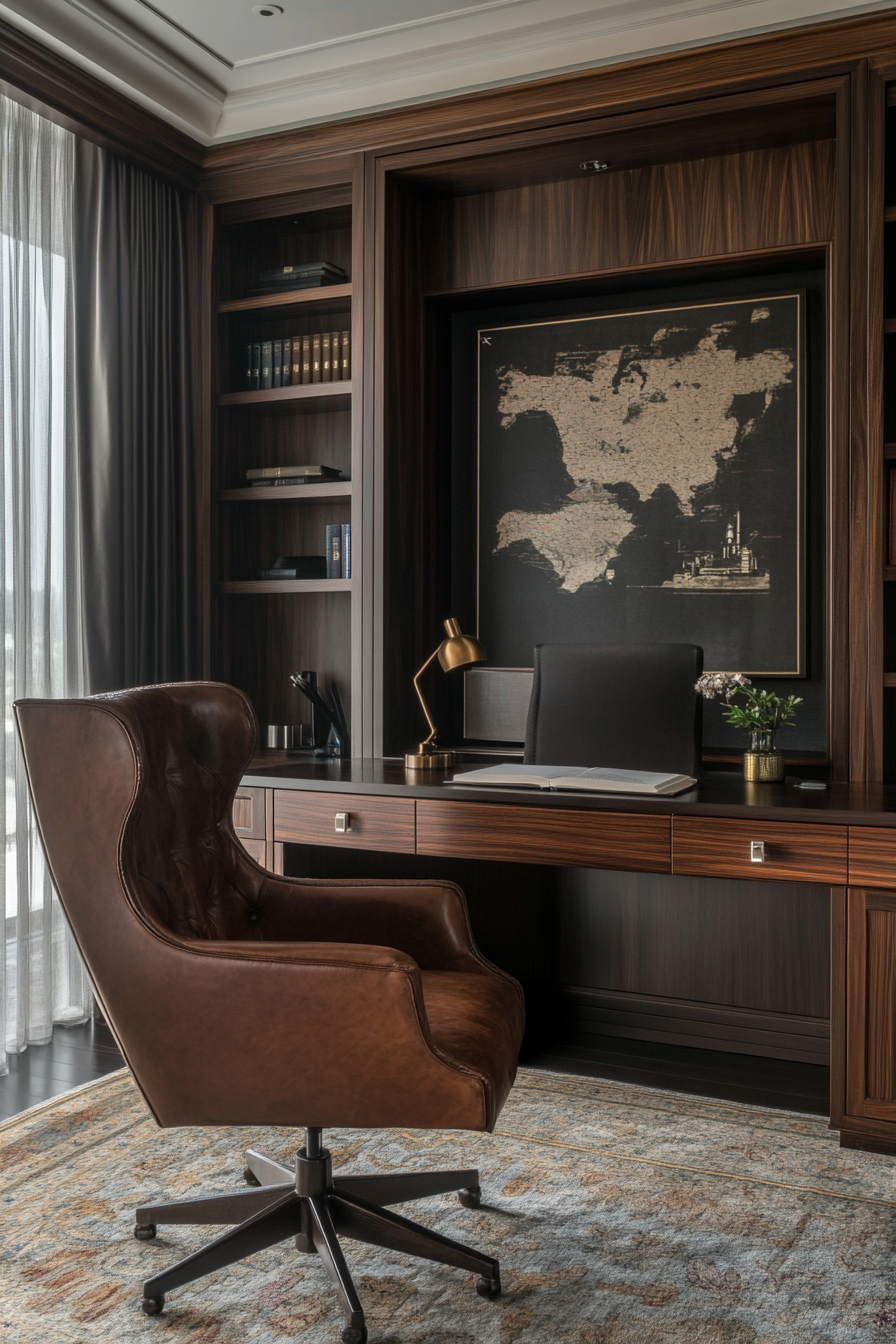 Home Office Inspiration. Dark Walnut Study Desk with High Back Leather Armchair.