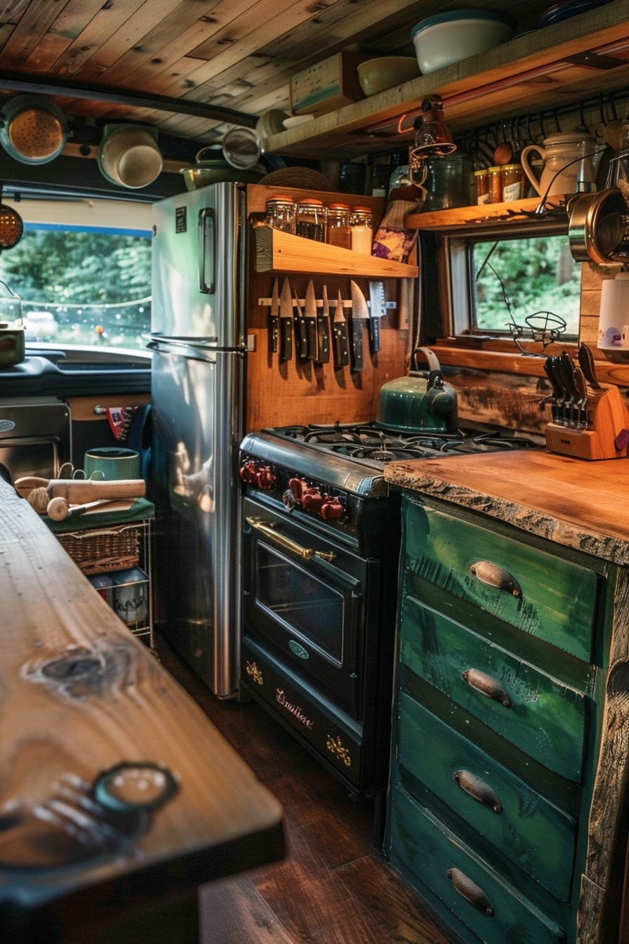 Rustic camper van kitchen. Vintage fridge, polished oak countertops, cast iron stove.