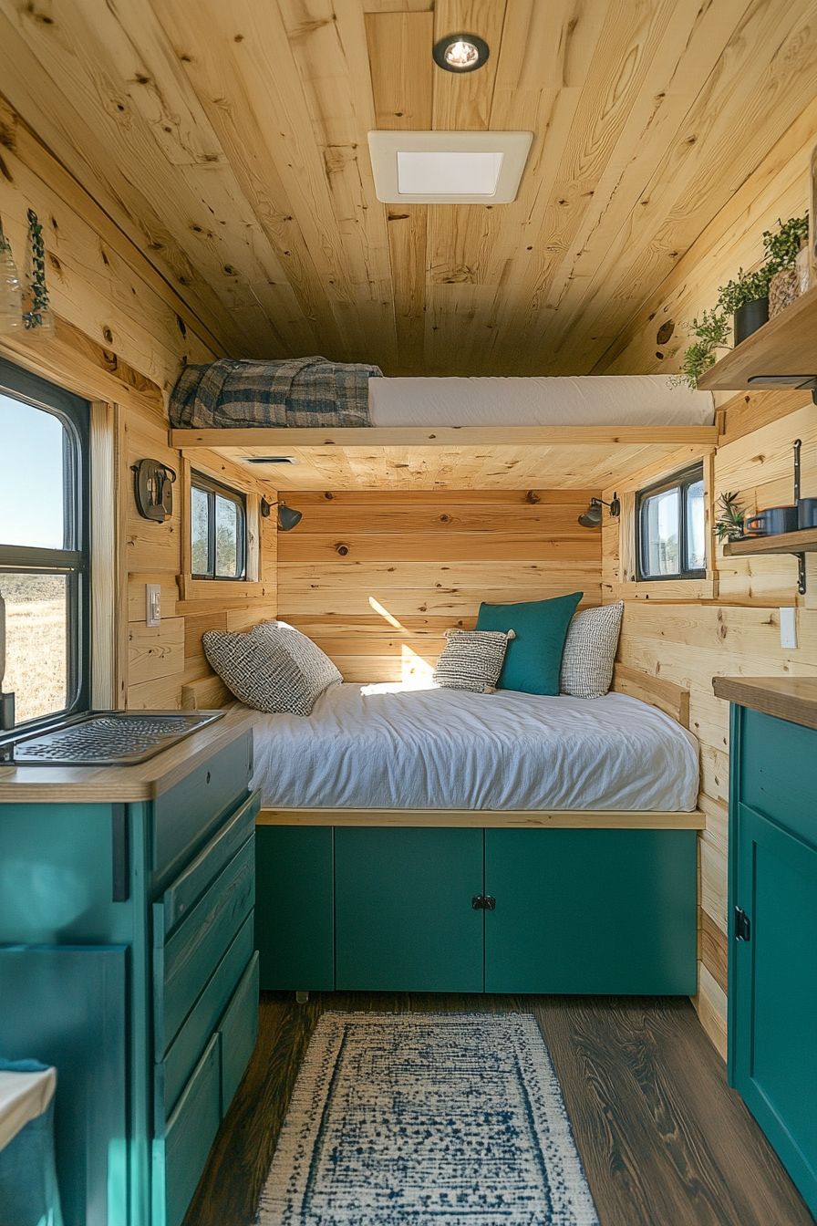 Tiny house camper interior and exterior. Wooden paneling and teal kickstand.