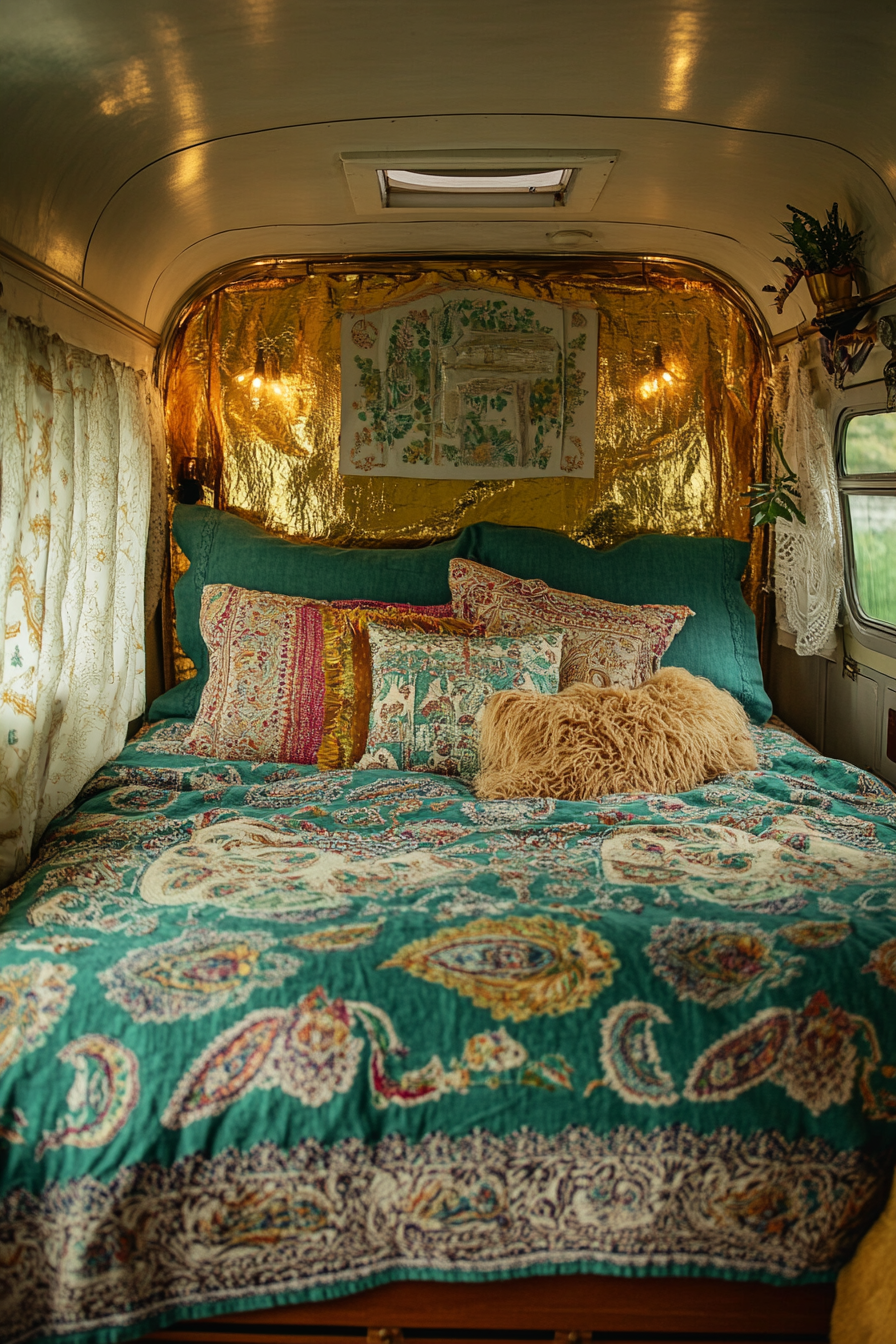 Camper interior. Teal paisley-stitched duvet on a gilded vintage bed.