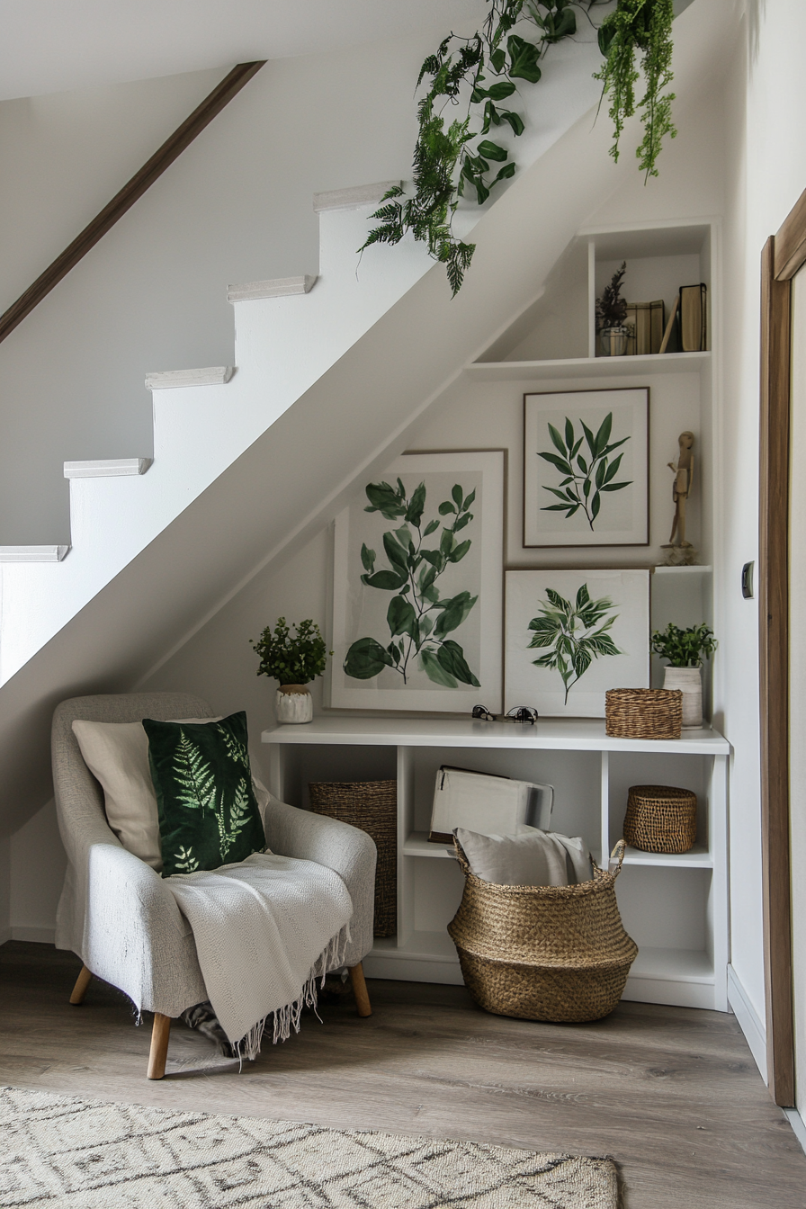 Living room inspiration. Under-the-staircase compact study area with green botanical prints.