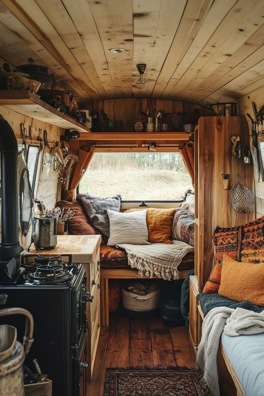 Tiny house camper. Autumn interior, birch-panelled, with stove and chic nick-knacks