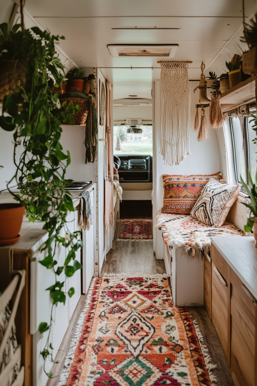 Camper interior. Multicolored Moroccan rug, hanging macrame planter with ivy.