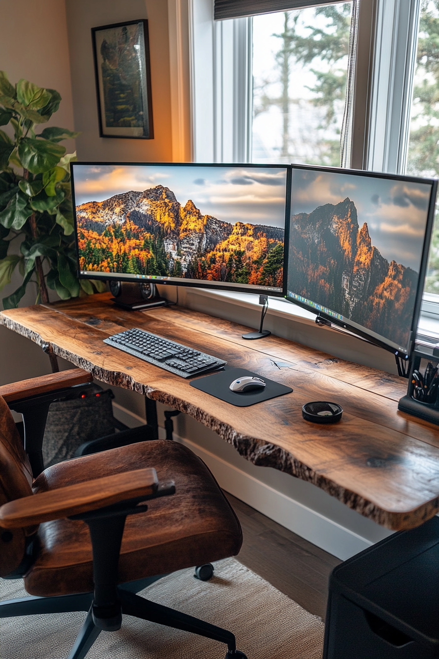 Remote work setup. Rustic wooden desk with dual monitors and farmhouse style chair.