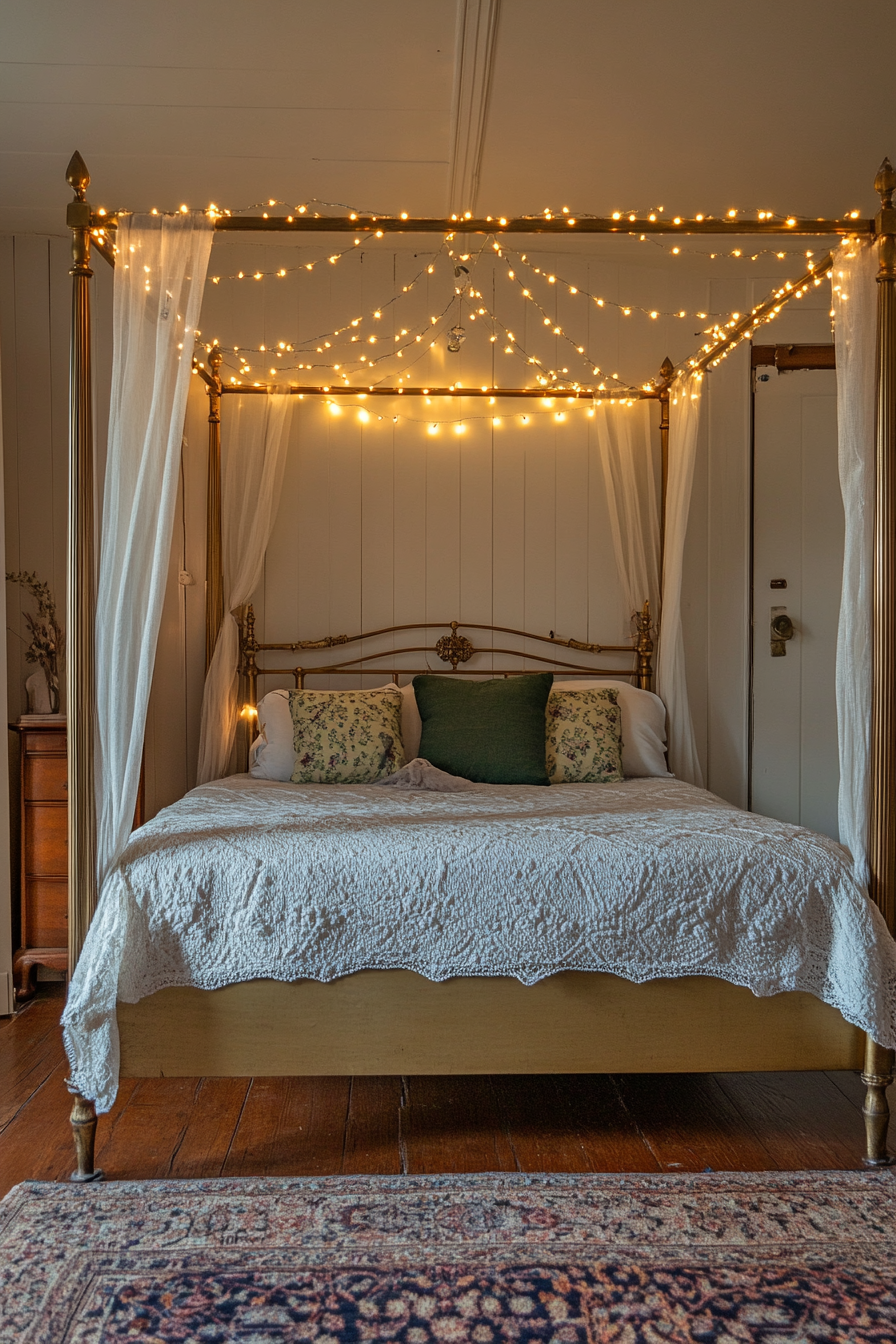 Boho whimsical bedroom. Antique gold canopy bed with draped fairy lights.