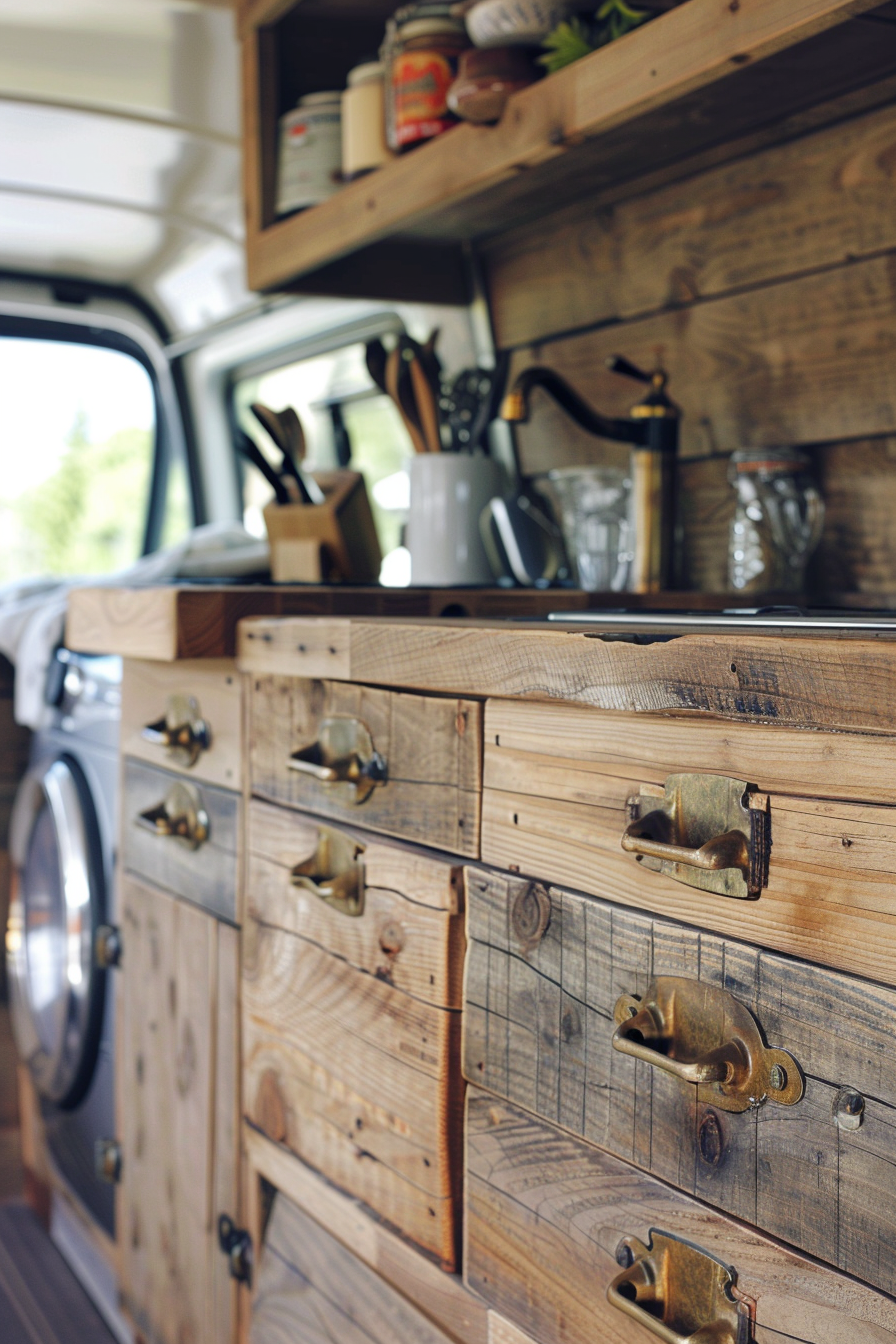 Camper van kitchen. Reclaimed wood cabinets with antique brass knobs.